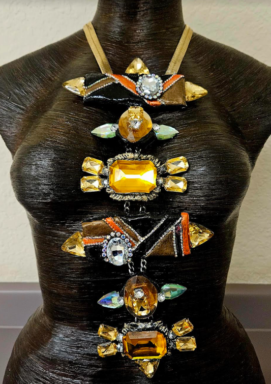 Art Deco Sculpted Crystal & Rhinestone Totem Statement Necklace - Gatsby Inspired Chest Piece - 1920's Style Moderne Jewelry - Kat Kouture Jewelry