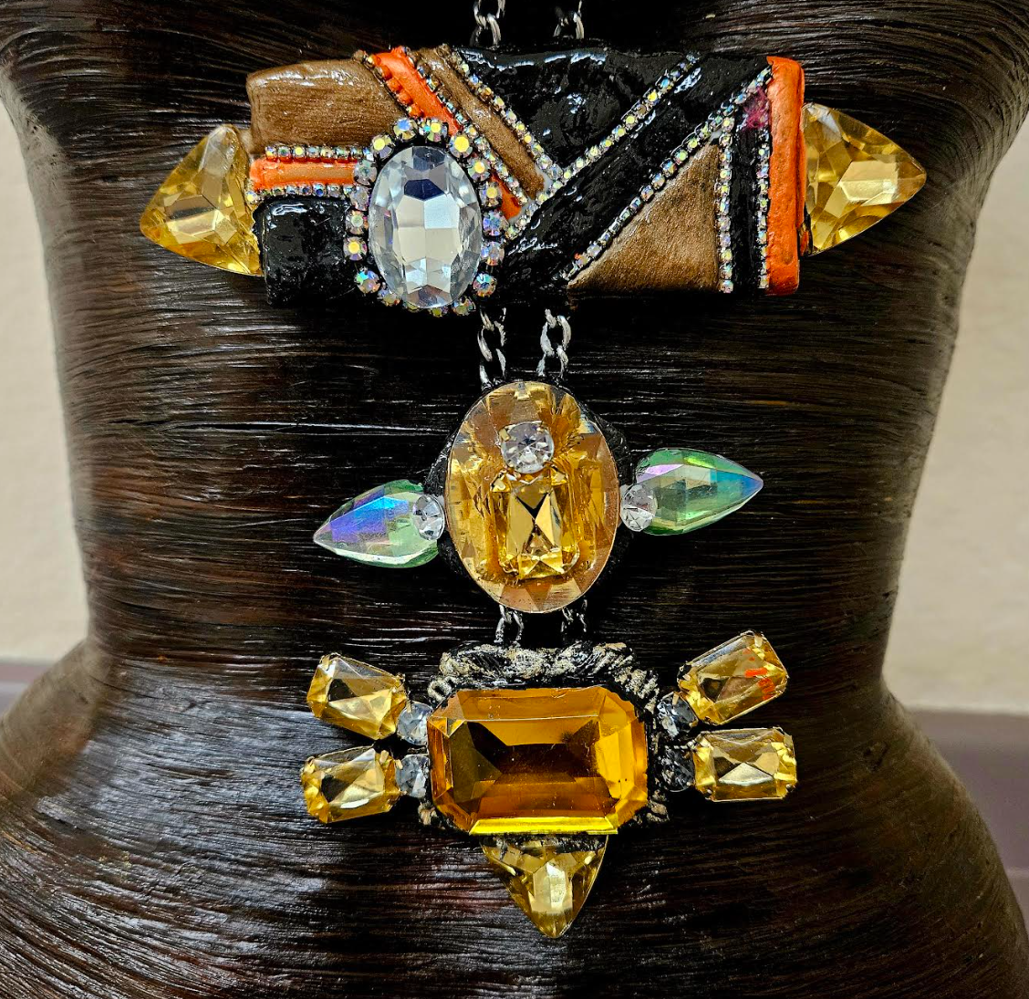 Art Deco Sculpted Crystal & Rhinestone Totem Statement Necklace - Gatsby Inspired Chest Piece - 1920's Style Moderne Jewelry - Kat Kouture Jewelry