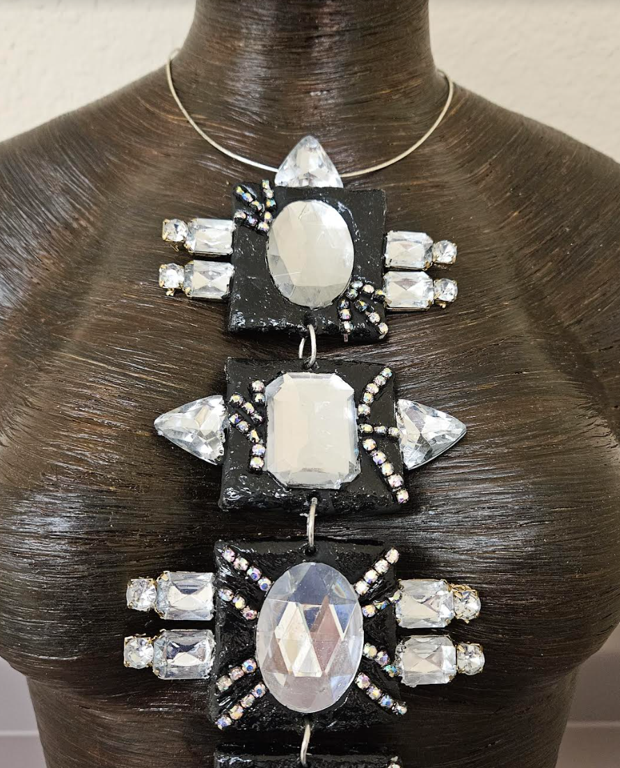 Black and Silver Art Deco Sculpted Crystal Statement Pendant - Dramatic Holiday Glamour Femme Fatale Geometric Chest Piece - 1920's Vamp Style Sautoir -  Kat Kouture Jewelry