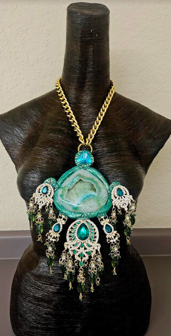 Green Druzy Sculpted Agate & Ornate Crystal Chest Piece - Gaudy Gold and Green Rhinestone and Crystal Dangle Statement Pendant - Kat Kouture Jewelry