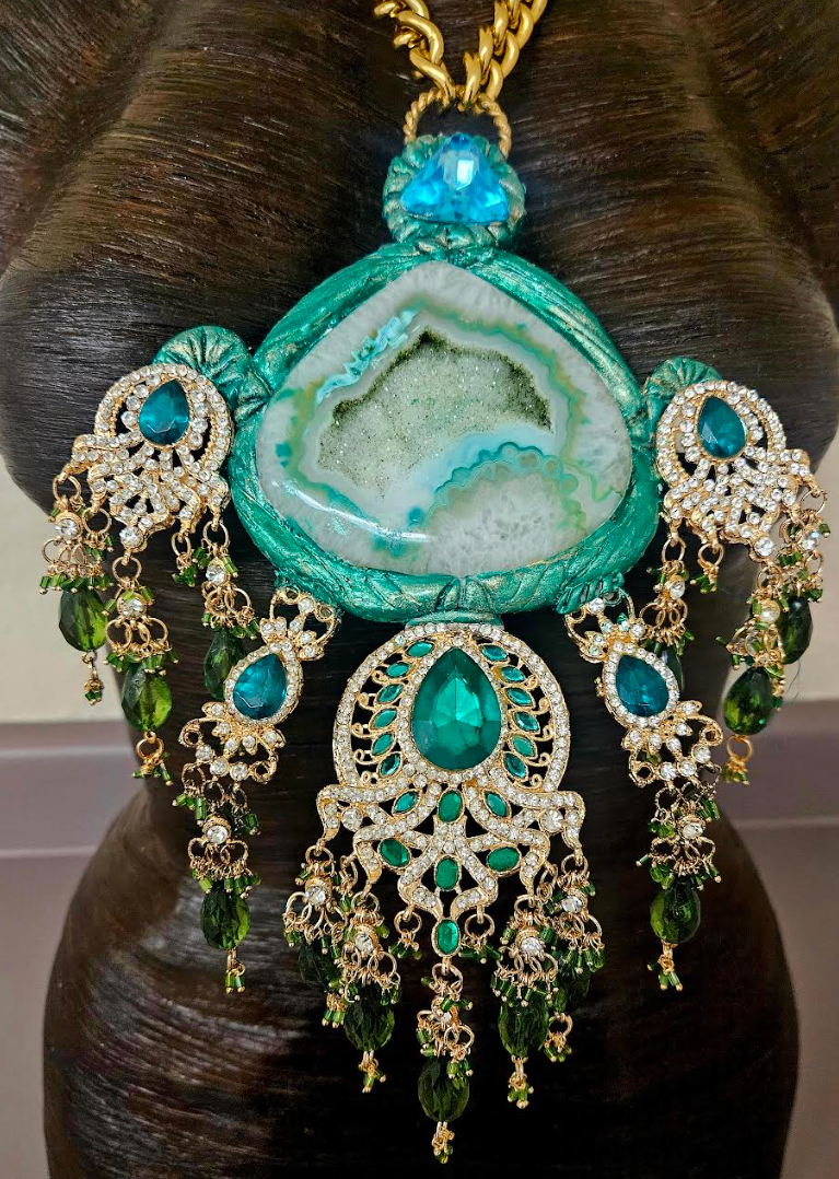 Green Druzy Sculpted Agate & Ornate Crystal Chest Piece - Gaudy Gold and Green Rhinestone and Crystal Dangle Statement Pendant - Kat Kouture Jewelry