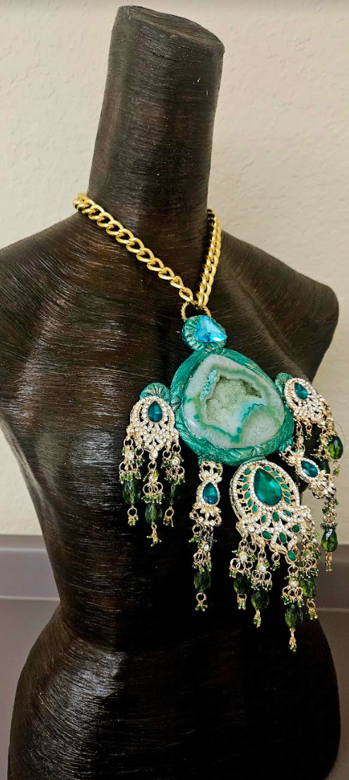 Green Druzy Sculpted Agate & Ornate Crystal Chest Piece - Gaudy Gold and Green Rhinestone and Crystal Dangle Statement Pendant - Kat Kouture Jewelry