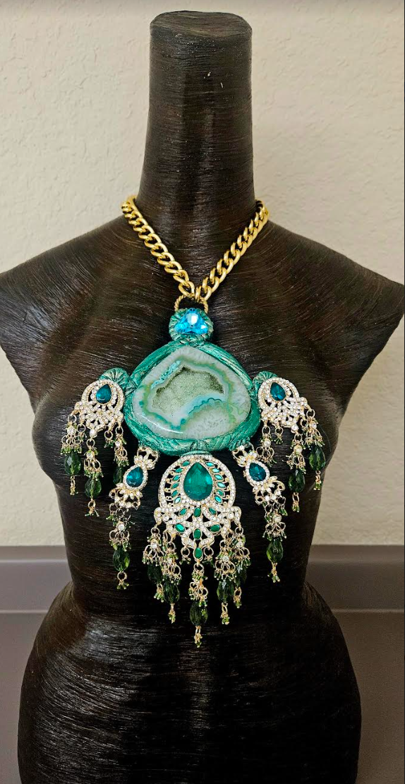 Green Druzy Sculpted Agate & Ornate Crystal Chest Piece - Gaudy Gold and Green Rhinestone and Crystal Dangle Statement Pendant - Kat Kouture Jewelry