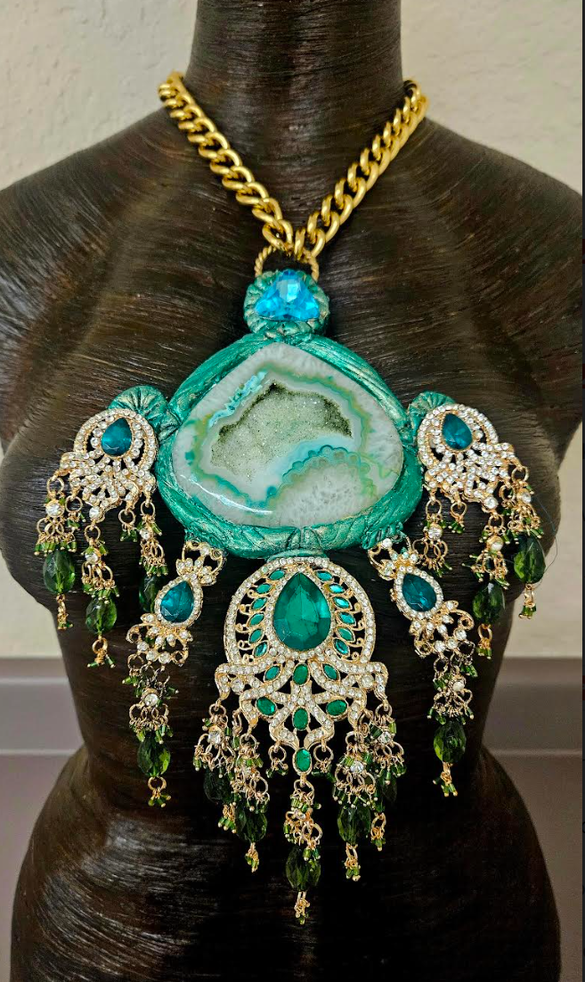 Green Druzy Sculpted Agate & Ornate Crystal Chest Piece - Gaudy Gold and Green Rhinestone and Crystal Dangle Statement Pendant - Kat Kouture Jewelry