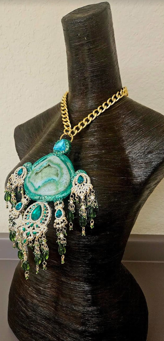 Green Druzy Sculpted Agate & Ornate Crystal Chest Piece - Gaudy Gold and Green Rhinestone and Crystal Dangle Statement Pendant - Kat Kouture Jewelry