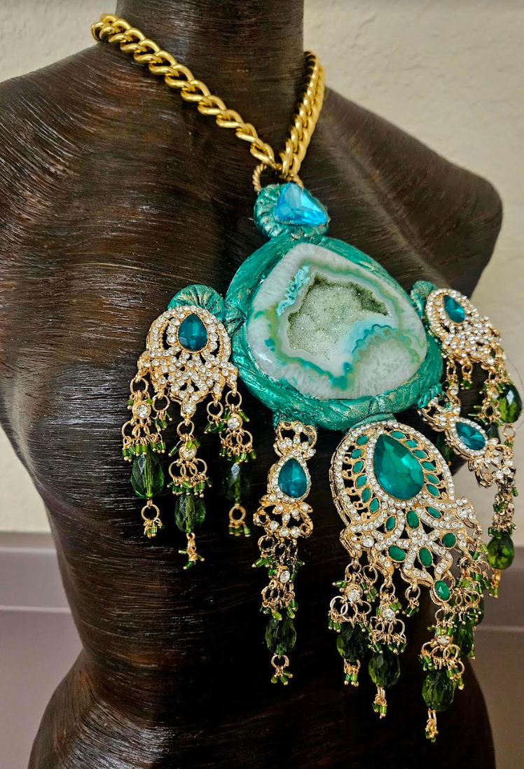 Green Druzy Sculpted Agate & Ornate Crystal Chest Piece - Gaudy Gold and Green Rhinestone and Crystal Dangle Statement Pendant - Kat Kouture Jewelry