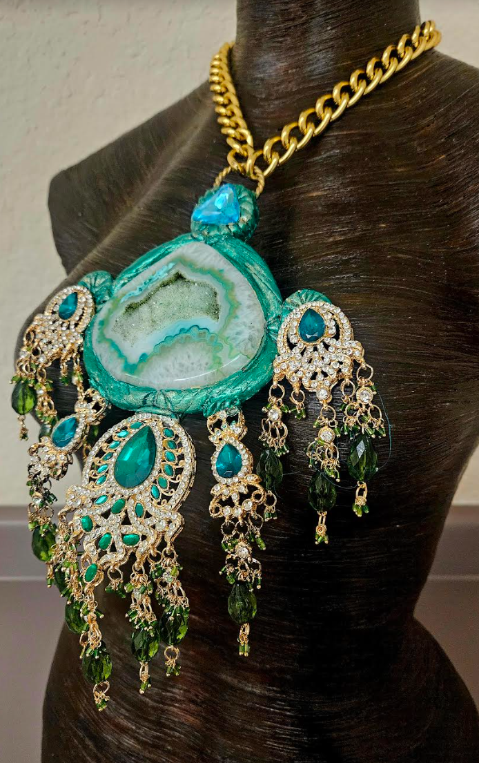 Green Druzy Sculpted Agate & Ornate Crystal Chest Piece - Gaudy Gold and Green Rhinestone and Crystal Dangle Statement Pendant - Kat Kouture Jewelry