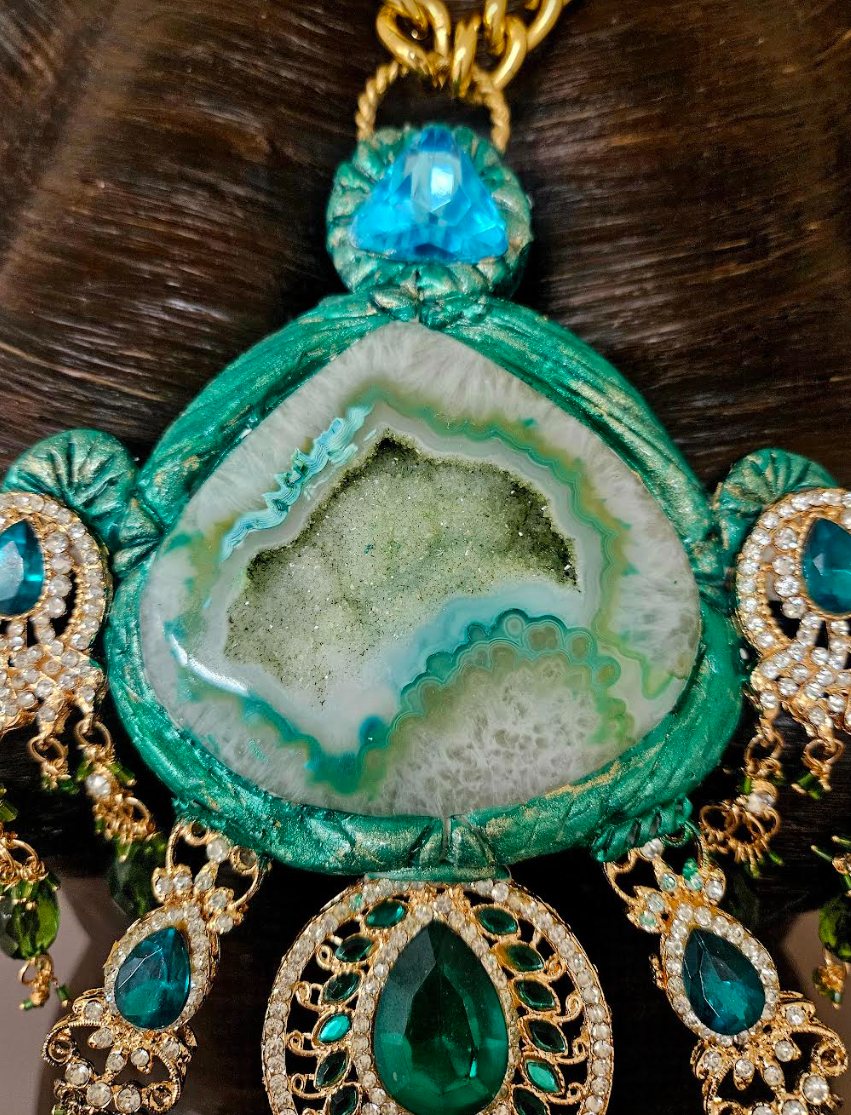 Green Druzy Sculpted Agate & Ornate Crystal Chest Piece - Gaudy Gold and Green Rhinestone and Crystal Dangle Statement Pendant - Kat Kouture Jewelry