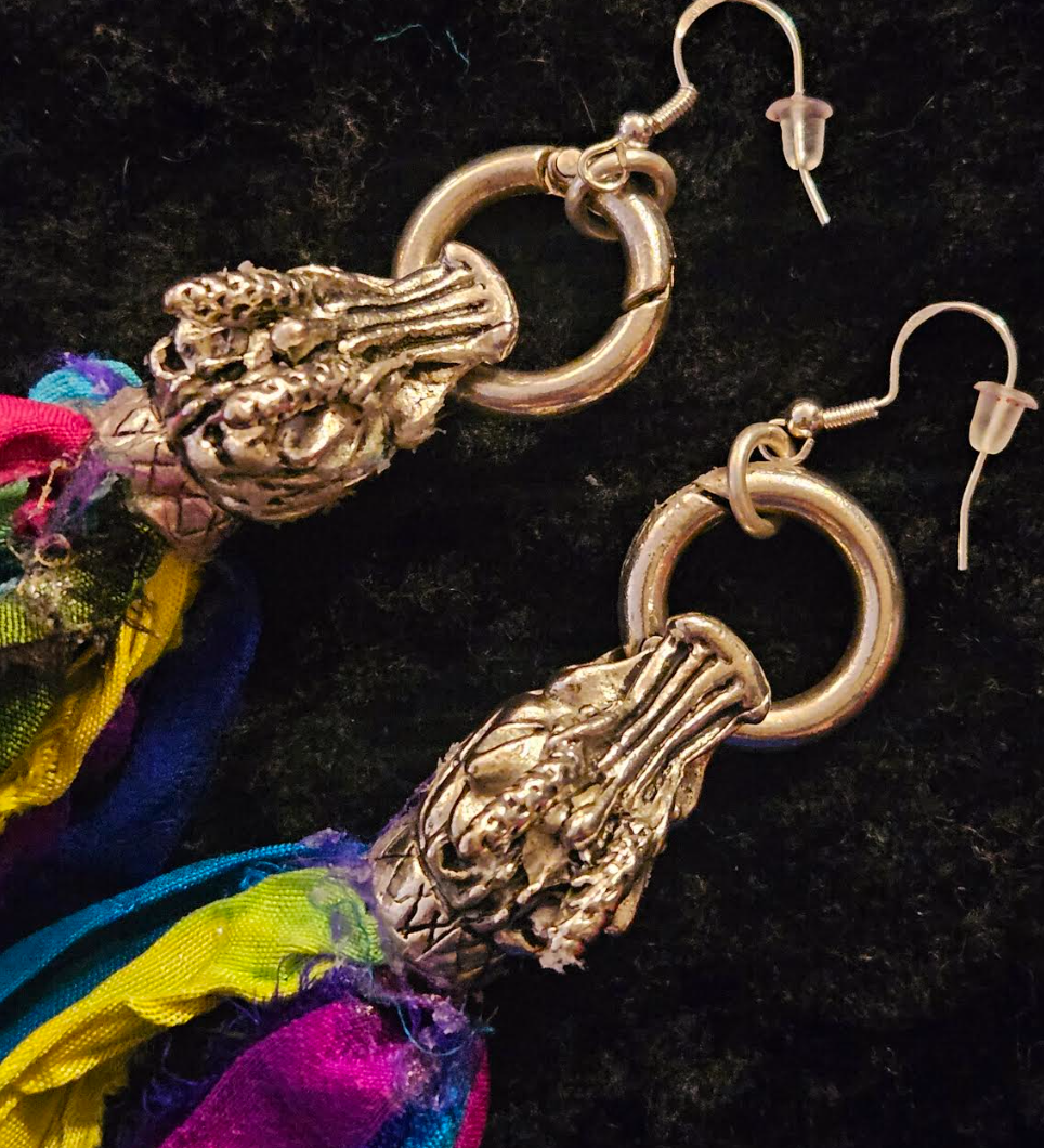 Dragon Head Distressed Sari Silk Pierced Earrings - Mythological Chinese Creature and Ribbon Shoulder Dusters - Colorful Boho Couture Ear Candy - Kat Kouture Jewelry