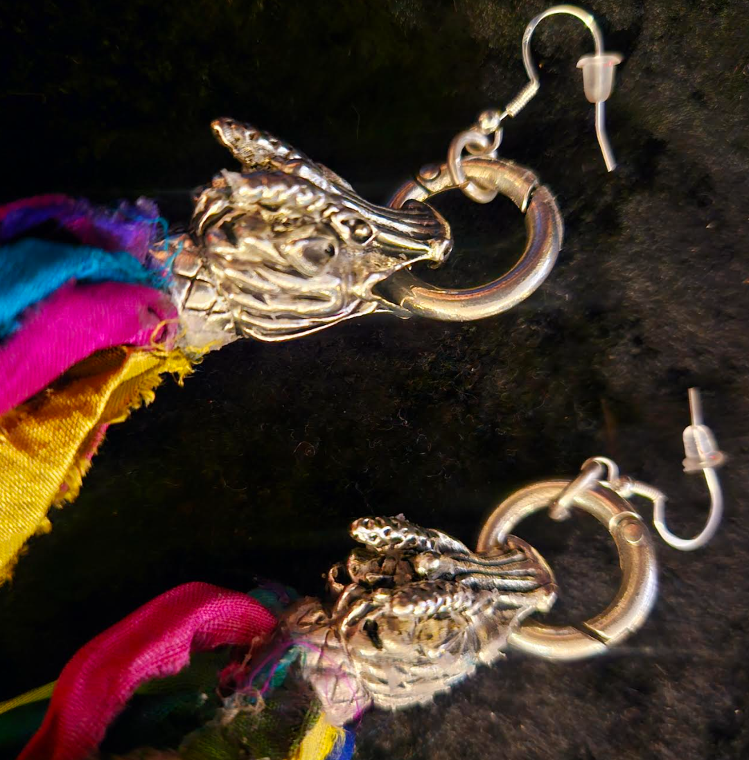 Dragon Head Distressed Sari Silk Pierced Earrings - Mythological Chinese Creature and Ribbon Shoulder Dusters - Colorful Boho Couture Ear Candy - Kat Kouture Jewelry