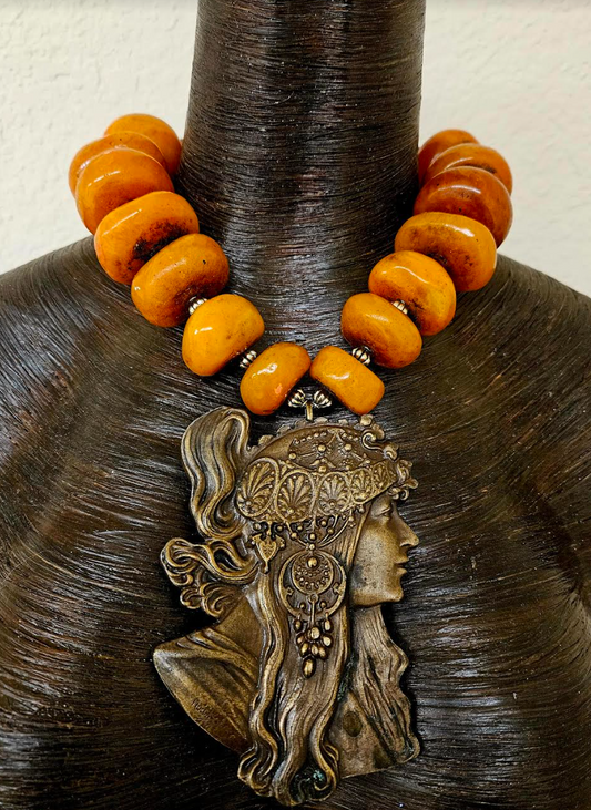 Oversized Moroccan Resin Beaded Tribal Necklace with Art Nouveau Female Warrior Pendant - Mucha Like Ornate Amazonian Woman Bronze Statement Pendant -  Haute Couture Ethnic Chest Piece - Kat Kouture Jewelry