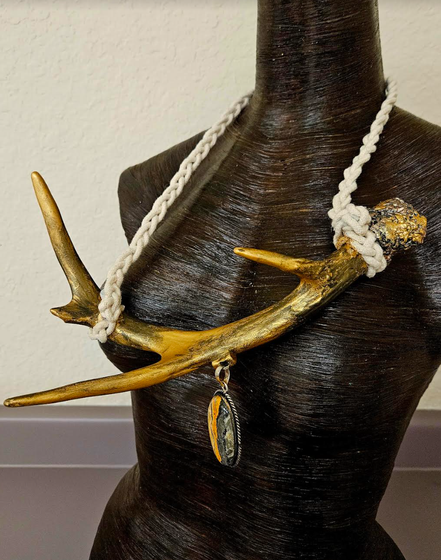 Gold Metallic Antler Slip On Unisex Chest Piece with Bumble Bee Jasper Pendant - Avant Garde Horn Statement Chest Piece - Runway Ready Necklace - Kat Kouture Jewelry