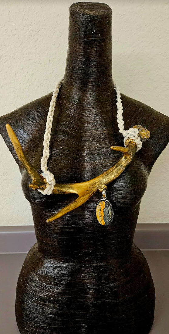 Gold Metallic Antler Slip On Unisex Chest Piece with Bumble Bee Jasper Pendant - Avant Garde Horn Statement Chest Piece - Runway Ready Necklace - Kat Kouture Jewelry