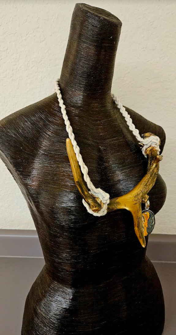 Gold Metallic Antler Slip On Unisex Chest Piece with Bumble Bee Jasper Pendant - Avant Garde Horn Statement Chest Piece - Runway Ready Necklace - Kat Kouture Jewelry