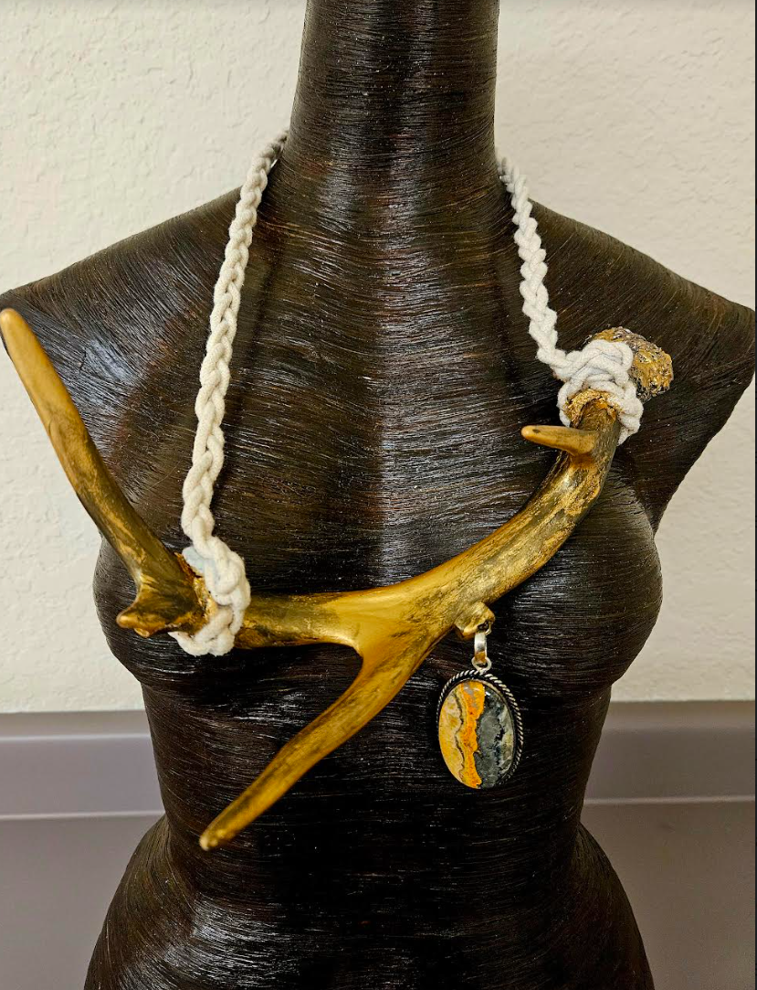 Gold Metallic Antler Slip On Unisex Chest Piece with Bumble Bee Jasper Pendant - Avant Garde Horn Statement Chest Piece - Runway Ready Necklace - Kat Kouture Jewelry