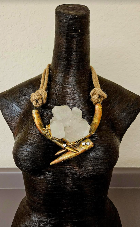 Avant Garde Quartz Gold Metallic Antler and Hemp Rope Unisex Chest Piece - Metrosexual Men's Crystal Statement Necklace - Haute Couture Runway Accessory - Kat Kouture Jewelry