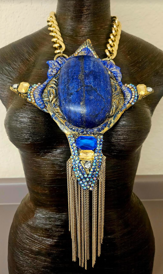 Art Deco Sculpted Lapis Lazuli Statement Pendant - Egyptian Revival Blue Gemstone Unisex Chest Piece - Runway Ready 1920's Talisman - Kat Kouture Jewelry