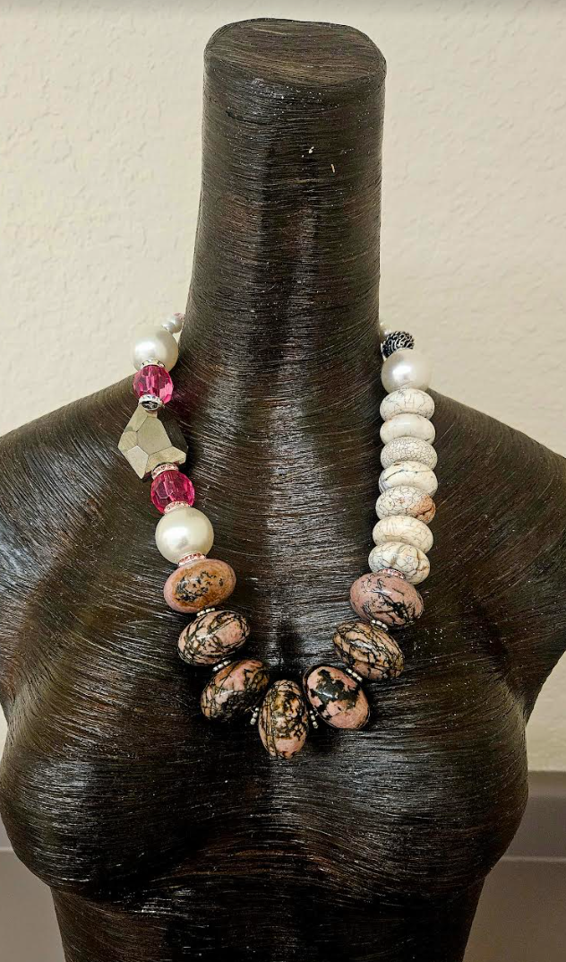 Gemstone Beaded Statement Necklace Set for Business Settings - Bold Chunky & Heavy Bib Necklace Set - White Black and Pink Gemstone Neck Candy - Kat Kouture Jewelry