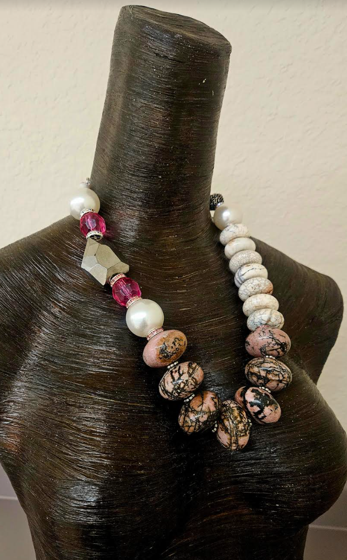 Gemstone Beaded Statement Necklace Set for Business Settings - Bold Chunky & Heavy Bib Necklace Set - White Black and Pink Gemstone Neck Candy - Kat Kouture Jewelry