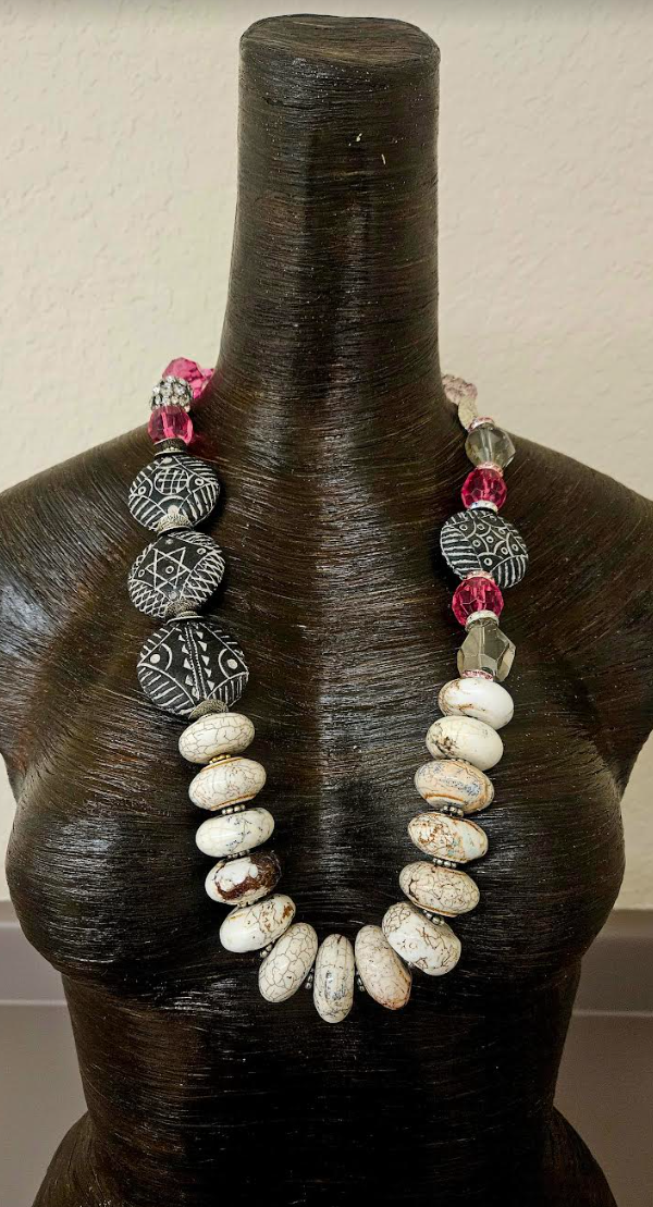 Gemstone Beaded Statement Necklace Set for Business Settings - Bold Chunky & Heavy Bib Necklace Set - White Black and Pink Gemstone Neck Candy - Kat Kouture Jewelry