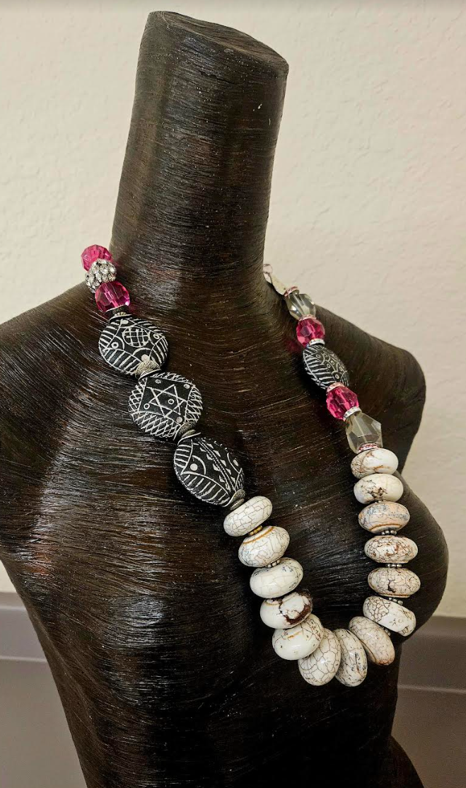 Gemstone Beaded Statement Necklace Set for Business Settings - Bold Chunky & Heavy Bib Necklace Set - White Black and Pink Gemstone Neck Candy - Kat Kouture Jewelry