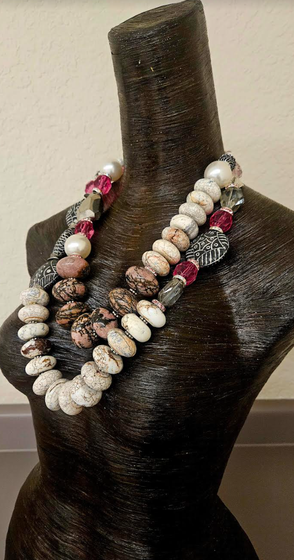 Gemstone Beaded Statement Necklace Set for Business Settings - Bold Chunky & Heavy Bib Necklace Set - White Black and Pink Gemstone Neck Candy - Kat Kouture Jewelry