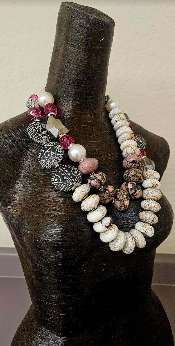 Gemstone Beaded Statement Necklace Set for Business Settings - Bold Chunky & Heavy Bib Necklace Set - White Black and Pink Gemstone Neck Candy - Kat Kouture Jewelry