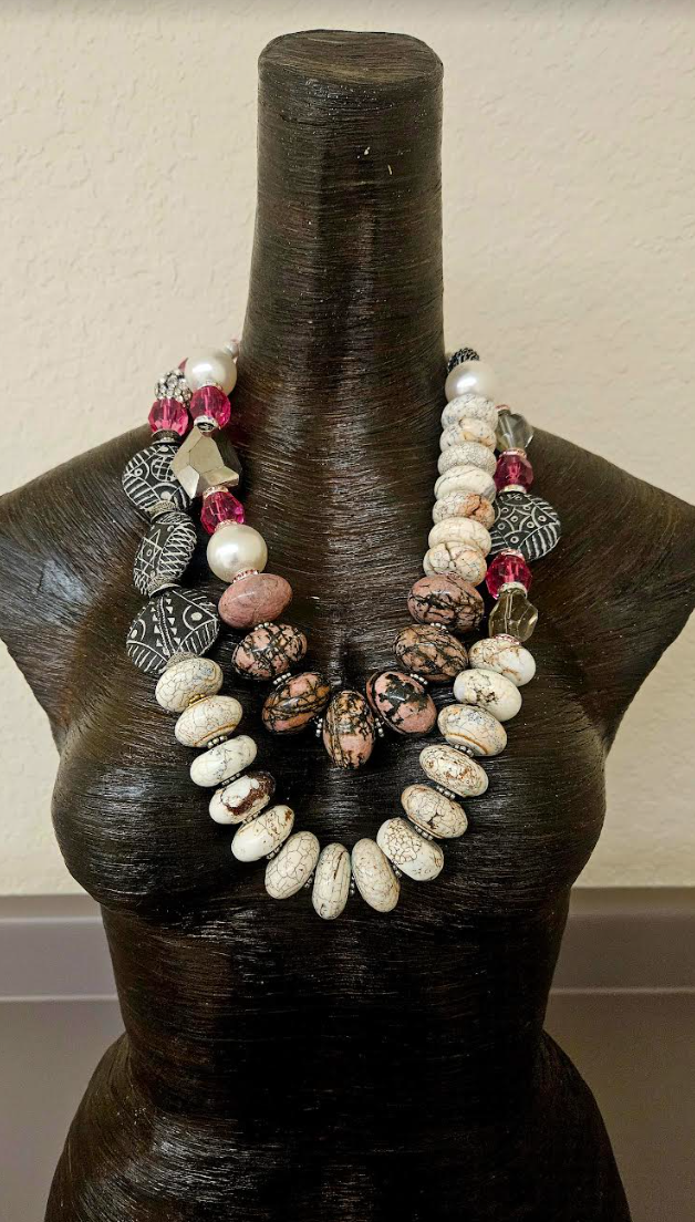 Gemstone Beaded Statement Necklace Set for Business Settings - Bold Chunky & Heavy Bib Necklace Set - White Black and Pink Gemstone Neck Candy - Kat Kouture Jewelry