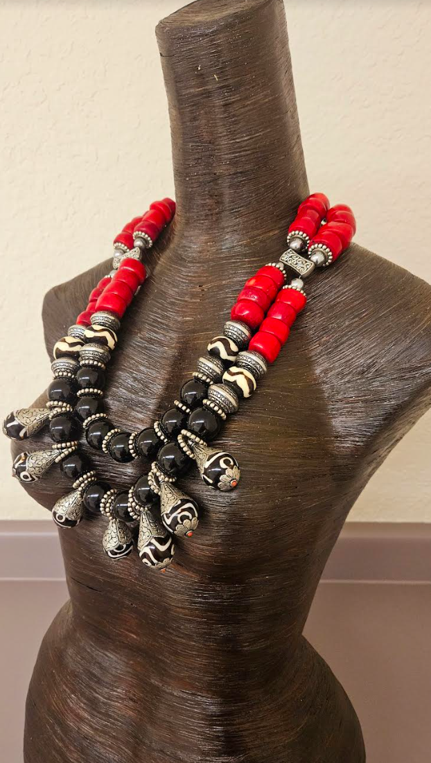 High End Tribal Gemstone Beaded Statement Bib Necklace - Luxury Red Black & Silver Ethnic Chest Piece - Tibetan Batik Bone Onyx and Coral Neck Candy - Kat Kouture Jewelry