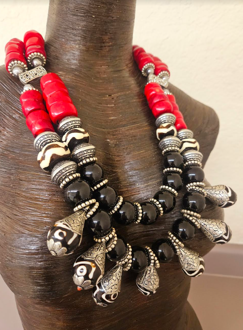 High End Tribal Gemstone Beaded Statement Bib Necklace - Luxury Red Black & Silver Ethnic Chest Piece - Tibetan Batik Bone Onyx and Coral Neck Candy - Kat Kouture Jewelry