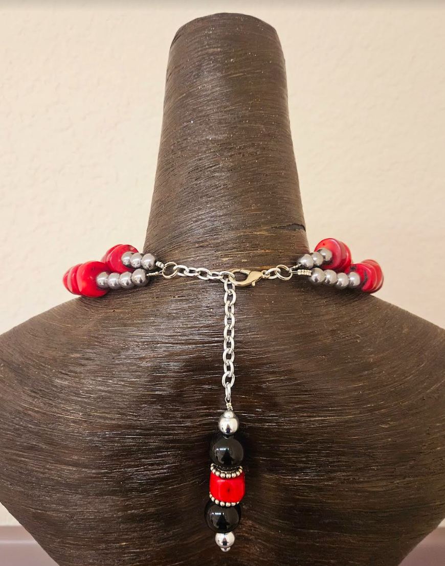 High End Tribal Gemstone Beaded Statement Bib Necklace - Luxury Red Black & Silver Ethnic Chest Piece - Tibetan Batik Bone Onyx and Coral Neck Candy - Kat Kouture Jewelry