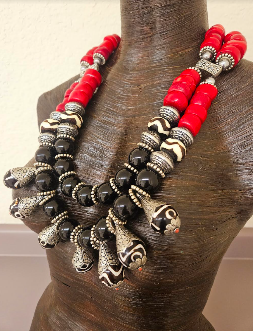 High End Tribal Gemstone Beaded Statement Bib Necklace - Luxury Red Black & Silver Ethnic Chest Piece - Tibetan Batik Bone Onyx and Coral Neck Candy - Kat Kouture Jewelry