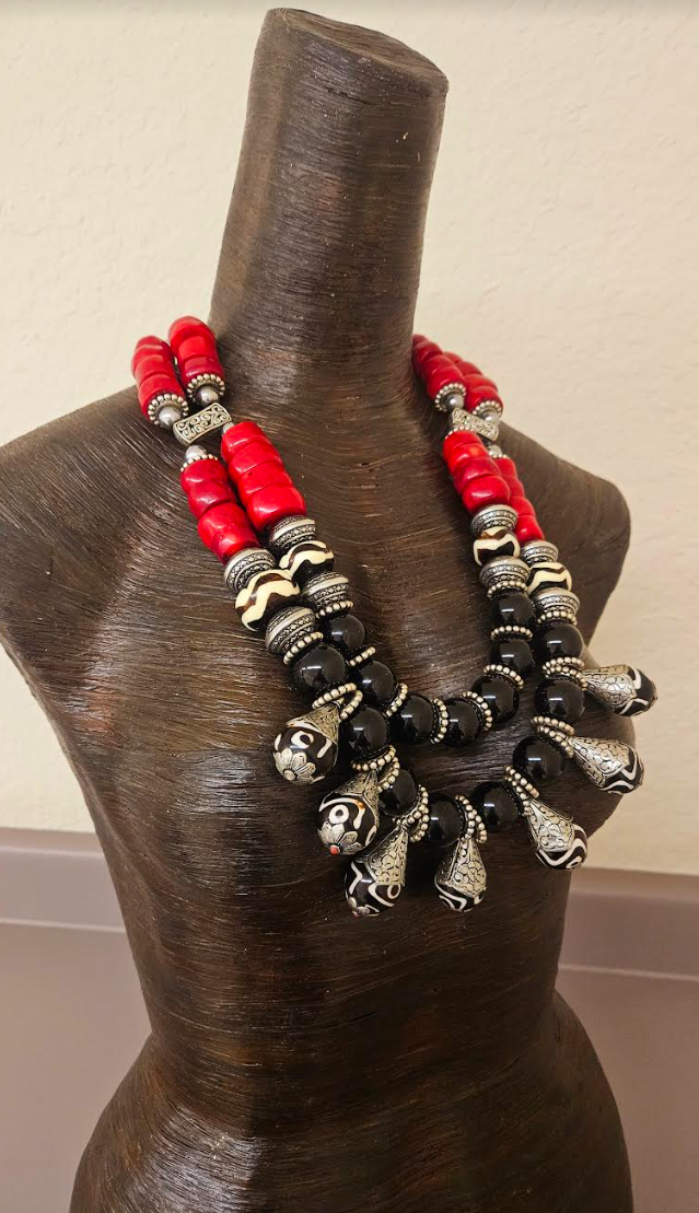 High End Tribal Gemstone Beaded Statement Bib Necklace - Luxury Red Black & Silver Ethnic Chest Piece - Tibetan Batik Bone Onyx and Coral Neck Candy - Kat Kouture Jewelry