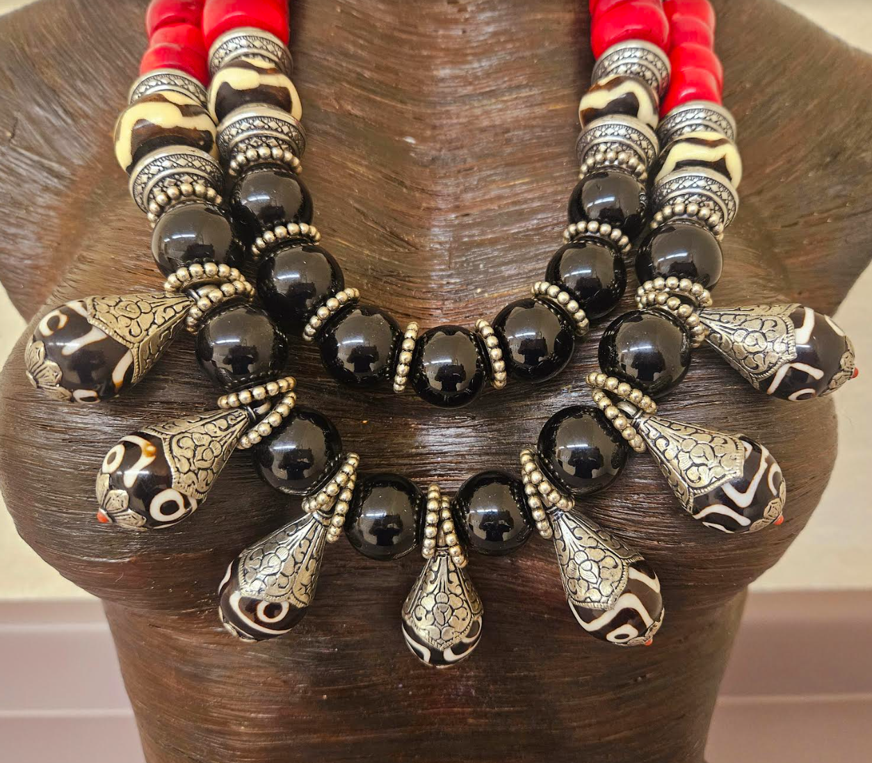 High End Tribal Gemstone Beaded Statement Bib Necklace - Luxury Red Black & Silver Ethnic Chest Piece - Tibetan Batik Bone Onyx and Coral Neck Candy - Kat Kouture Jewelry