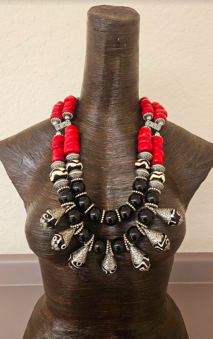 High End Tribal Gemstone Beaded Statement Bib Necklace - Luxury Red Black & Silver Ethnic Chest Piece - Tibetan Batik Bone Onyx and Coral Neck Candy - Kat Kouture Jewelry