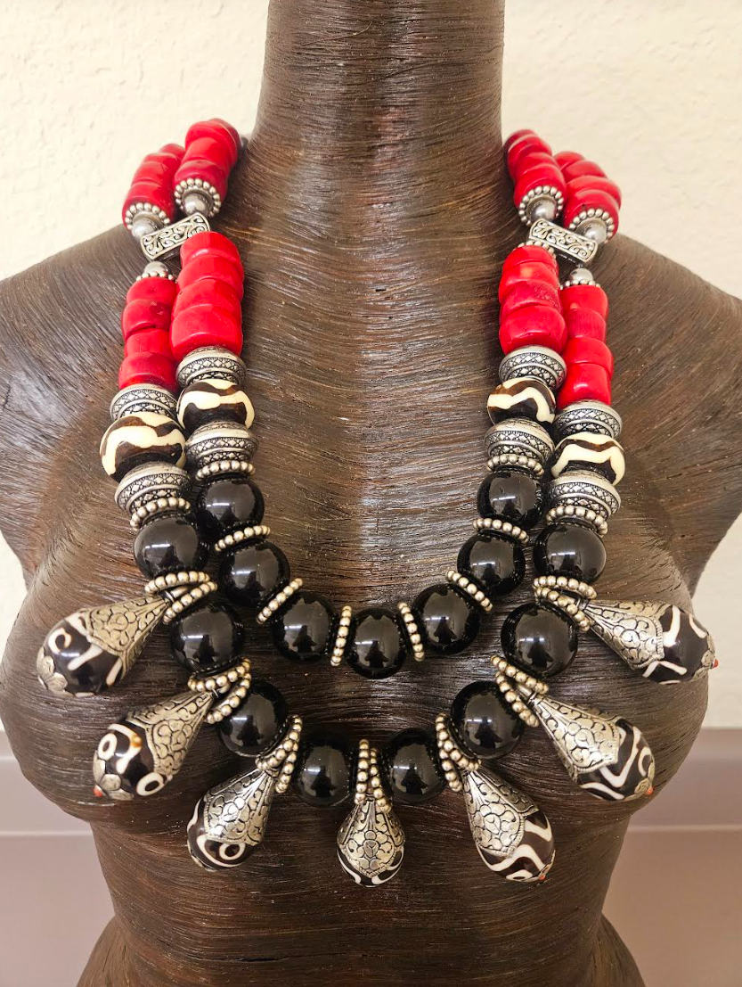 High End Tribal Gemstone Beaded Statement Bib Necklace - Luxury Red Black & Silver Ethnic Chest Piece - Tibetan Batik Bone Onyx and Coral Neck Candy - Kat Kouture Jewelry