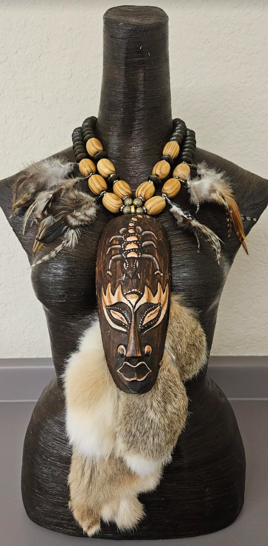 Indonesian Wood Mask Fur and Feather Unisex Chest Piece - Earth Tone Wood Beaded Statement Necklace - Wow Factor Photoshoot Statement Pendant - Kat Kouture Jewelry