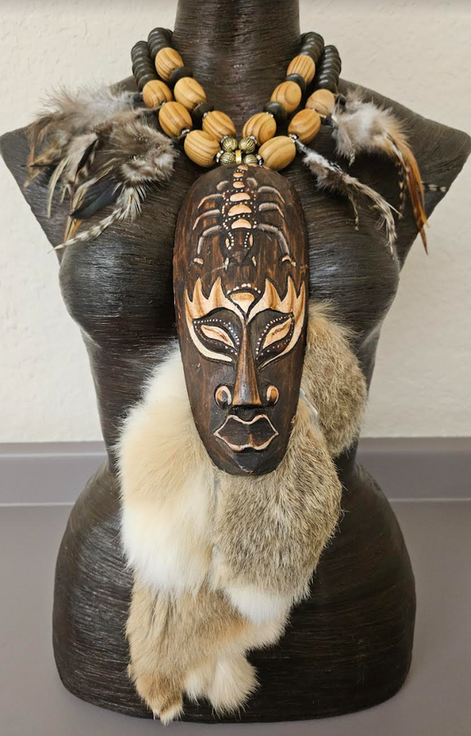 Indonesian Wood Mask Fur and Feather Unisex Chest Piece - Earth Tone Wood Beaded Statement Necklace - Wow Factor Photoshoot Statement Pendant - Kat Kouture Jewelry