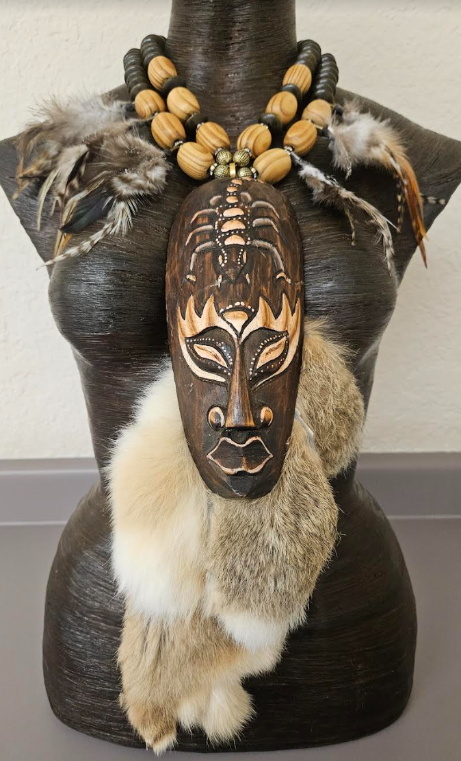 Indonesian Wood Mask Fur and Feather Unisex Chest Piece - Earth Tone Wood Beaded Statement Necklace - Wow Factor Photoshoot Statement Pendant - Kat Kouture Jewelry