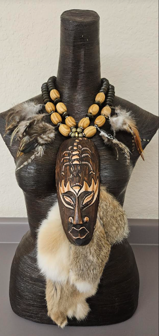 Indonesian Wood Mask Fur and Feather Unisex Chest Piece - Earth Tone Wood Beaded Statement Necklace - Wow Factor Photoshoot Statement Pendant - Kat Kouture Jewelry