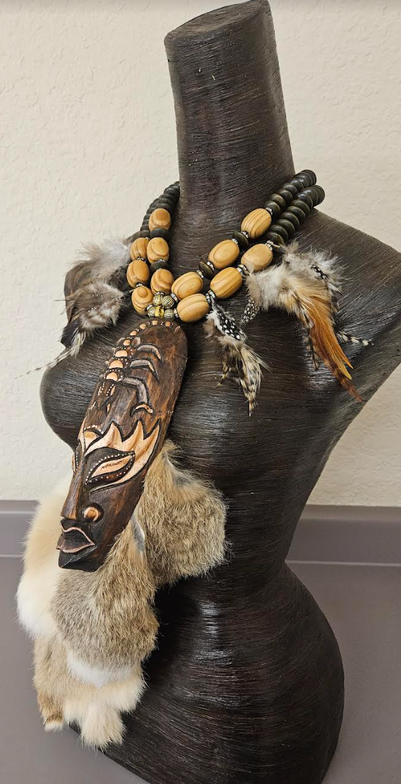 Indonesian Wood Mask Fur and Feather Unisex Chest Piece - Earth Tone Wood Beaded Statement Necklace - Wow Factor Photoshoot Statement Pendant - Kat Kouture Jewelry