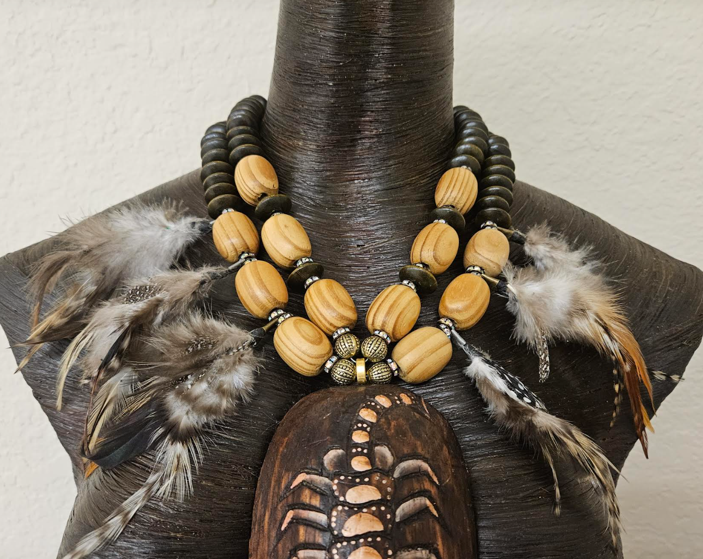 Indonesian Wood Mask Fur and Feather Unisex Chest Piece - Earth Tone Wood Beaded Statement Necklace - Wow Factor Photoshoot Statement Pendant - Kat Kouture Jewelry