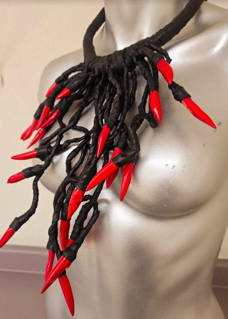 Avant Garde Black Leather & Red Coral Chest Piece - Unisex Edgy Fetish Statement Necklace - Exotic Haute Couture Runway Bib - Kat Kouture Jewelry