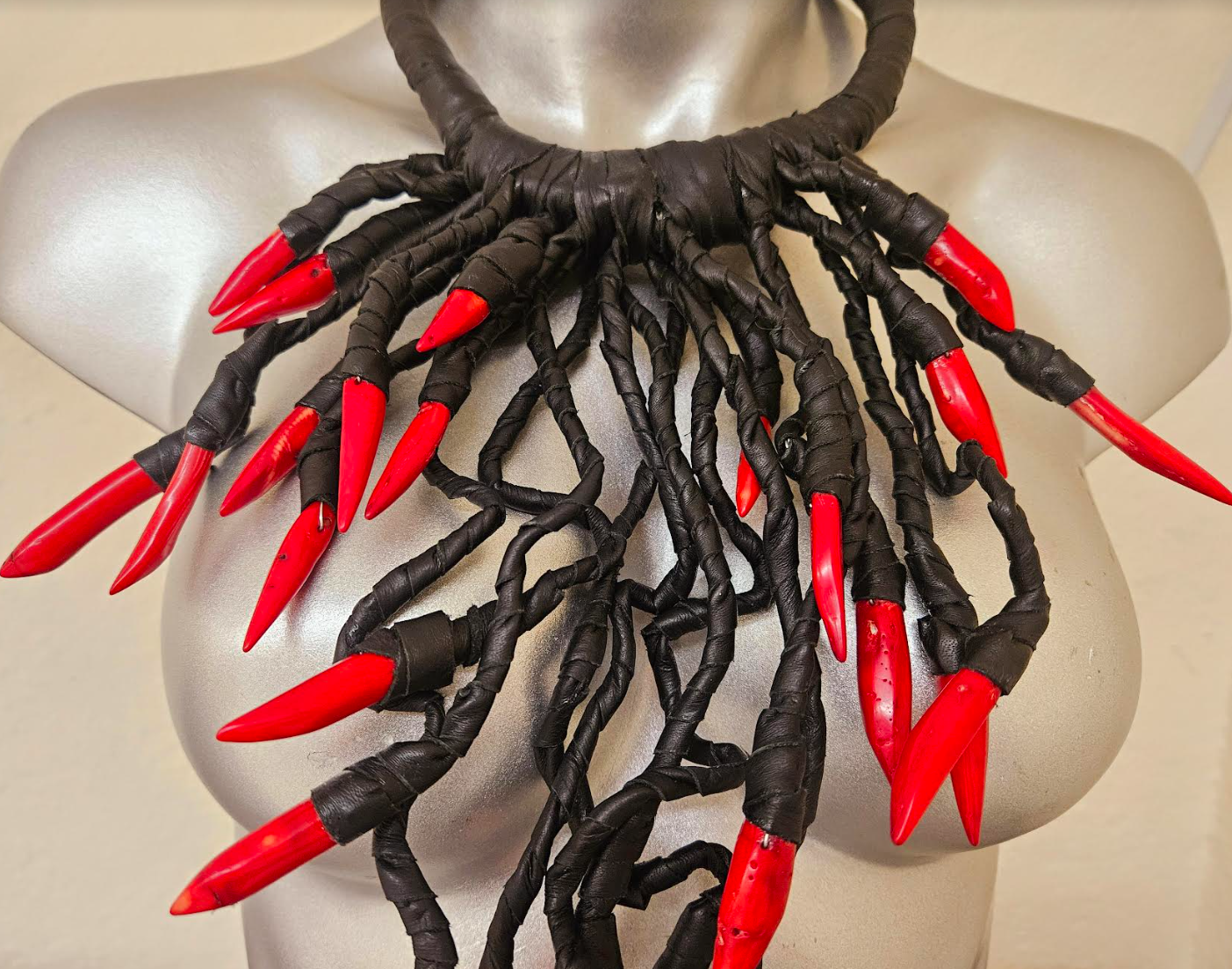 Avant Garde Black Leather & Red Coral Chest Piece - Unisex Edgy Fetish Statement Necklace - Exotic Haute Couture Runway Bib - Kat Kouture Jewelry