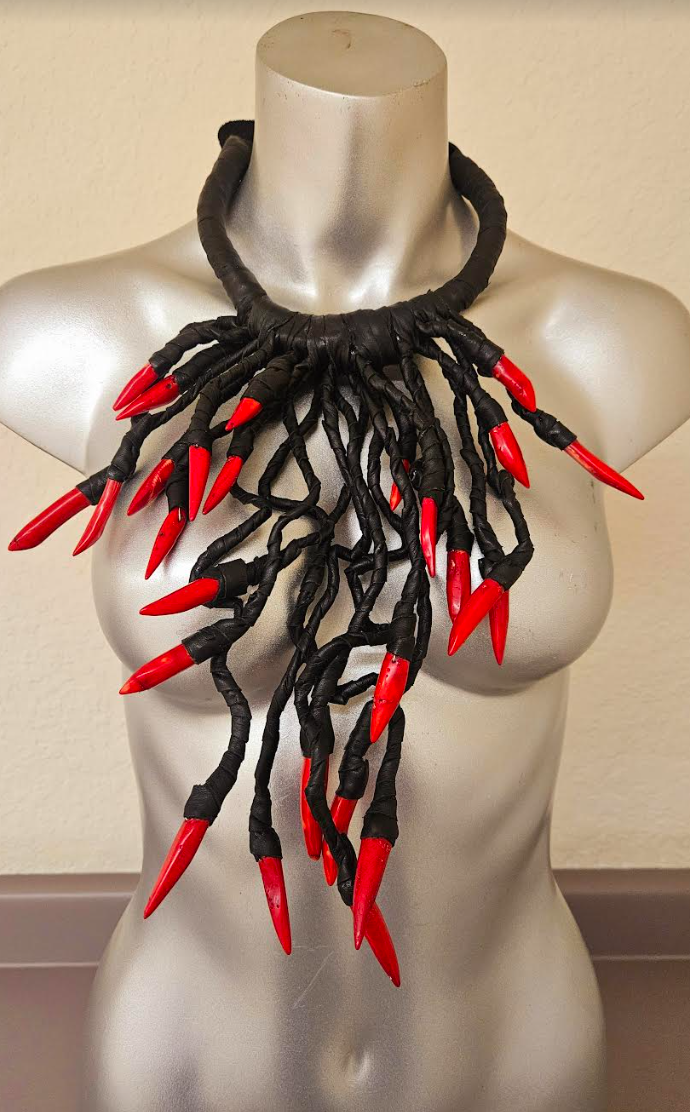 Avant Garde Black Leather & Red Coral Chest Piece - Unisex Edgy Fetish Statement Necklace - Exotic Haute Couture Runway Bib - Kat Kouture Jewelry