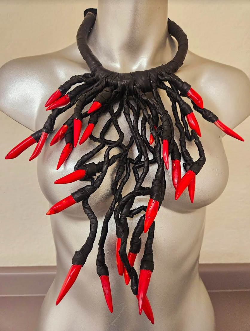 Avant Garde Black Leather & Red Coral Chest Piece - Unisex Edgy Fetish Statement Necklace - Exotic Haute Couture Runway Bib - Kat Kouture Jewelry