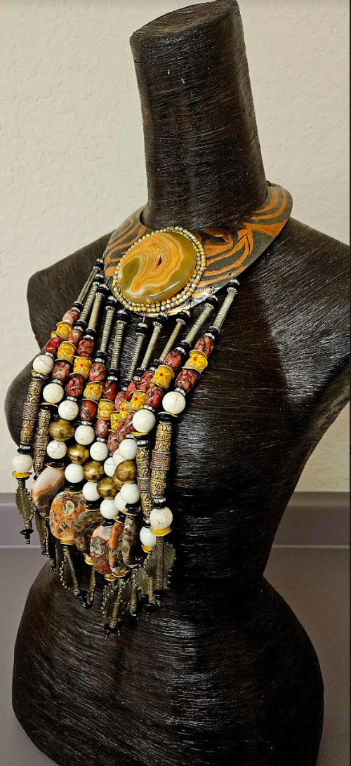 Exotic Waterfall & Copper Torc Beaded Chest Piece - Haute Couture Tribal Torque Beaded Dangle Statement Necklace - High End Runway Ready Neck Candy -  Kat Kouture Jewelry