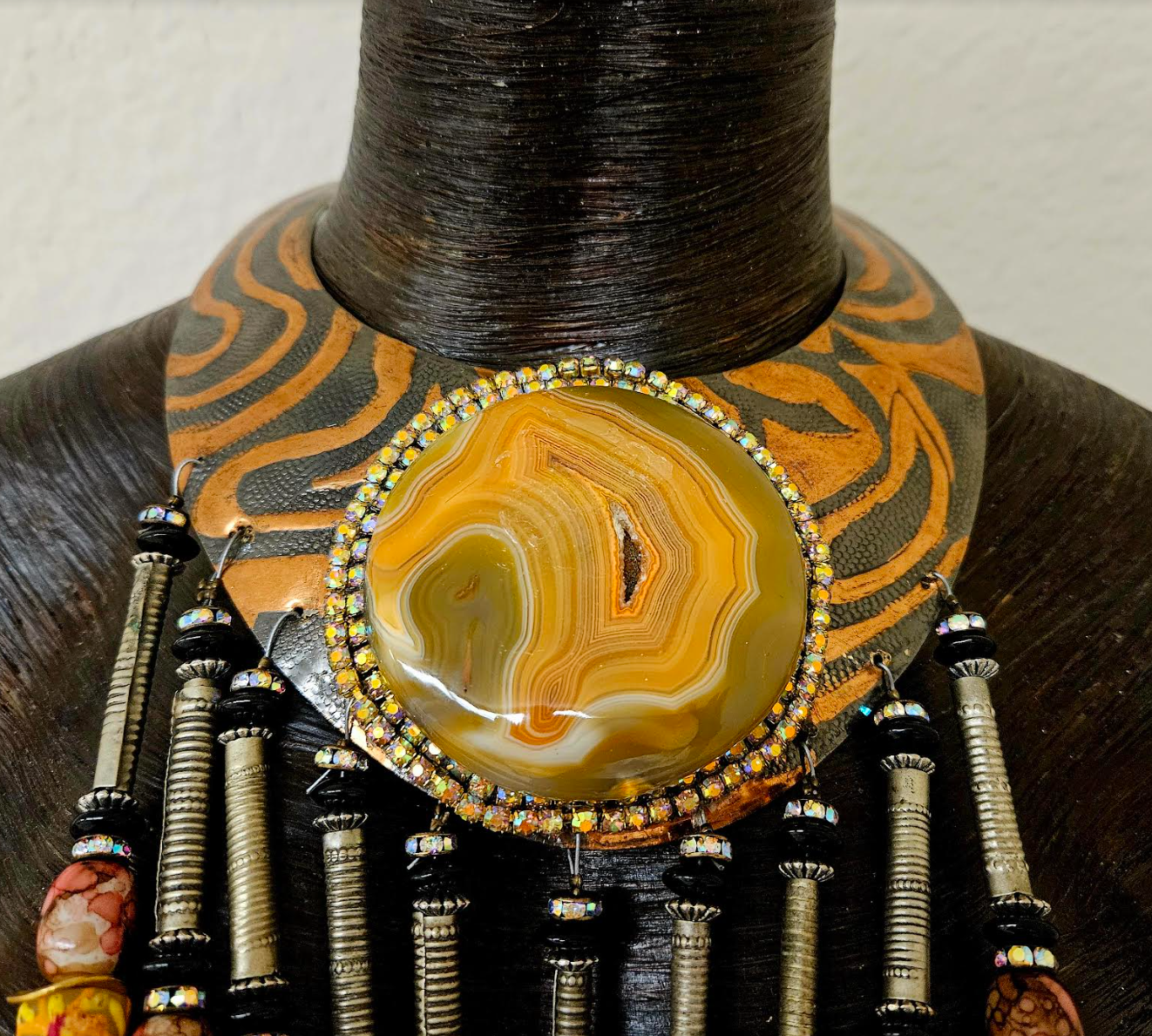 Exotic Waterfall & Copper Torc Beaded Chest Piece - Haute Couture Tribal Torque Beaded Dangle Statement Necklace - High End Runway Ready Neck Candy -  Kat Kouture Jewelry