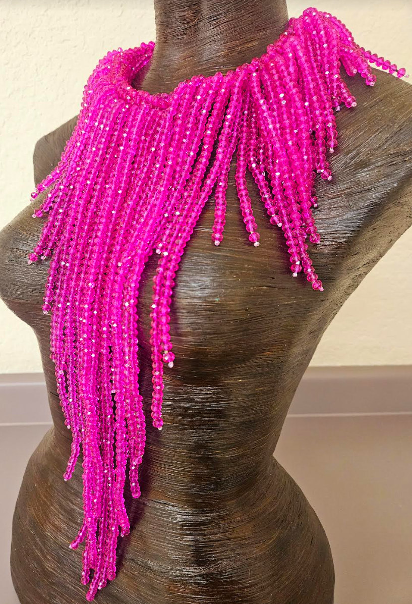 Fuchsia Crystal Waterfall Chest Piece - Hot Pink Faceted Crystal Statement Necklace - Kat Kouture Jewelry Designs