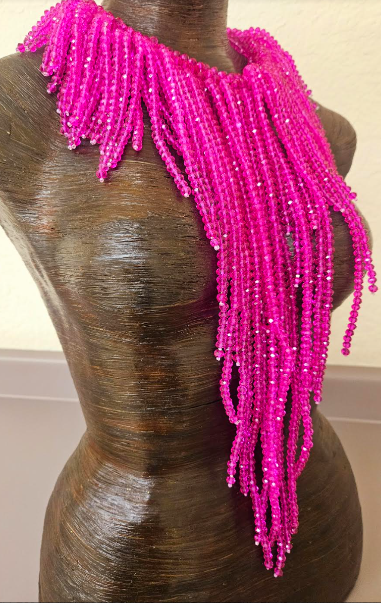 Fuchsia Crystal Waterfall Chest Piece - Hot Pink Faceted Crystal Statement Necklace - Kat Kouture Jewelry Designs